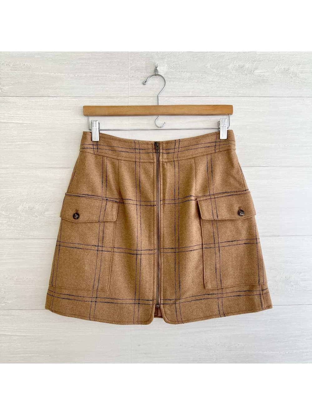 NWT Madewell ND129 Resourced Windowpane Plaid Wool Mini Skirt Size 6 Camel